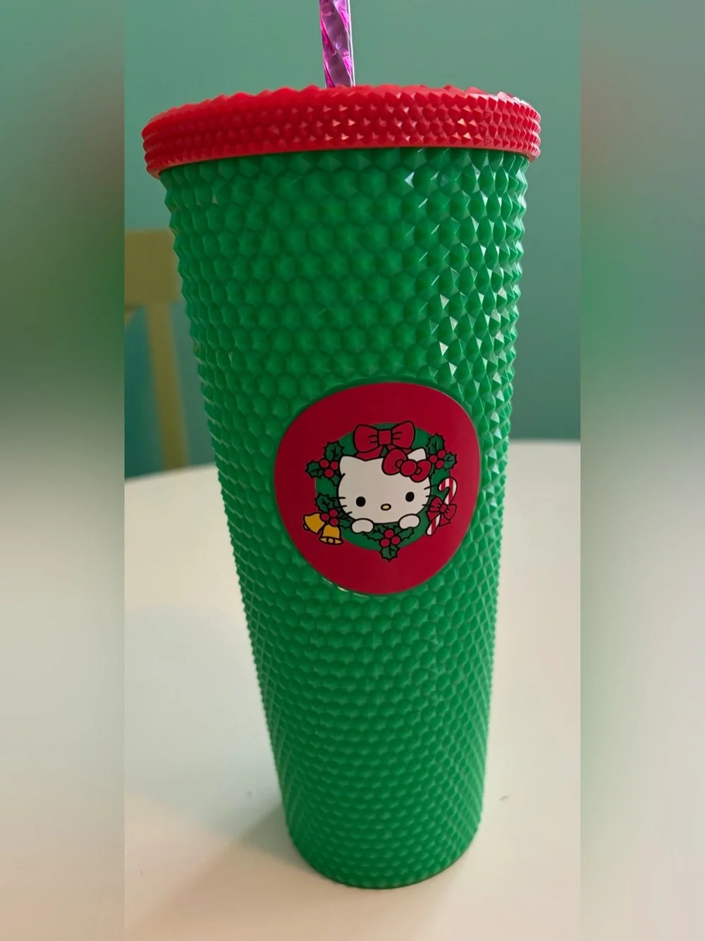 Hello Kitty Green Spiked Acrylic Holiday 24 ounce Tumbler with Red Festive Decal
